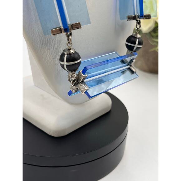 Lela Rose Resin Lucite Blue Antique Silver Tone Collar Statement Necklace - Picture 6 of 11